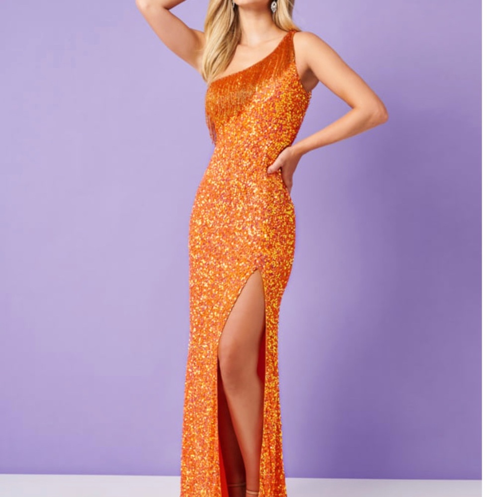 Rachel Allan Orange sequin dress, beaded fringe